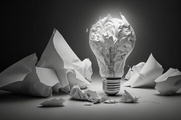 Poster - As a metaphor for a brilliant idea, a crumpled piece of paper and a shattered light bulb. Generative AI