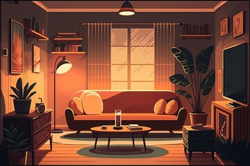 Poster - Retro Illustration of a Warm and Inviting Living Room in a Modern Minimalist House with Dimmed Lighting and a Cozy Sofa Table. Generative AI