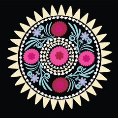 Circle shape suzani pattern - traditional art object in Uzbekistan. Digital patterns for textiles and fabrics. Uzbekistan culture. 	
