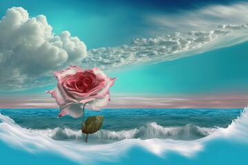 Sticker - Fantasy seascape with a pink rose and the ocean in the foreground, depicting a romantic idea or concept of love and a dream. Generative AI