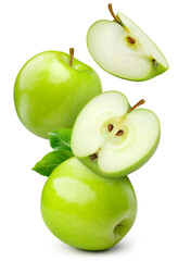 Wall Mural - Green apple isolated. Whole, half and apple slice flying on white background. Green apples with leaves are falling. Full depth of field.