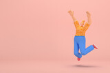 Fototapeta  - The woman with golden hair tied in a bun wearing blue corduroy pants and Orange T-shirt with white stripes.  She is jumping. 3d rendering of cartoon character in acting.