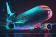 Plane in neon colors. Generative AI.
