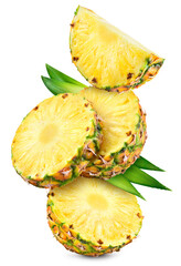 Wall Mural - Pineapples isolated. Pineapple slices with leaves flying on white background. Cut pineapple with round slices are falling. Full depth of field. Composition isolate on white.