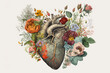 Bouquet of flowers in the shape of human heart, vintage illustration. Generative AI