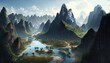Beautiful landscape of karst mountains and a river in China. Generative AI