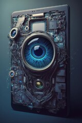 Poster - Cyber security concept. Blue eye on a mobile phone. Generative AI