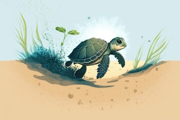 Poster - a baby turtle races down the sand toward the water. the idea of preserving nature and the environmen