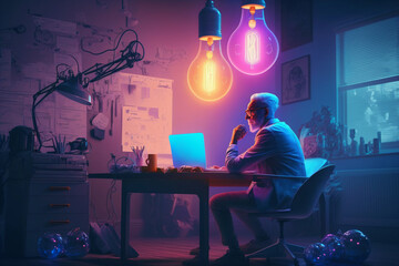 Wall Mural - bright idea and creative thinking, visualization of brainstorming, a colorful glowing 3d idea bulb lamp, successful modern businessman, fictional person created with generative ai
