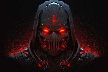 Sticker - Animated gif depicts a cyborg's head with glowing red eyes, wearing a hoodie at night. Black metal sci fi headgear. Synthetically intelligent robot. Army of the future concept illustration. Generative