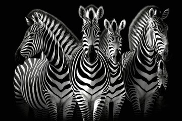 Poster - wild zebras in black and white, with their distinctive barks standing out against a pitch black back