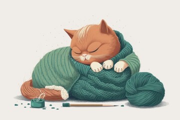 Sticker - A cute little ginger kitten is dozing off on the white carpet, wrapped in a knitted sweater. Generative AI