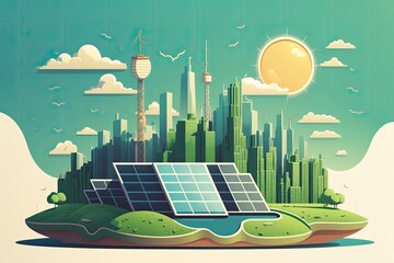 Wall Mural - Green energy, sustainable development, and the Shanghai skyline from a solar power plant. Generative AI