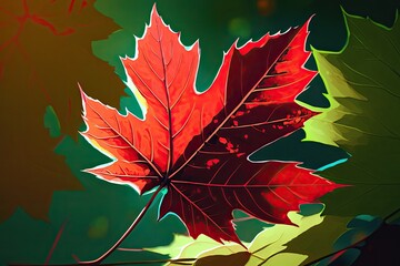 Poster - Sunlight makes a red maple leaf shine in autumn. Close up of fallen leaves in a city park. Comfortable natural backlighting. Generative AI