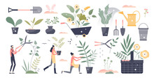Gardening Set As Summer Botany Plant Care Work Elements Tiny Person Concept, Transparent Background. Collection With Garden Tools For Watering, Pruning And Seasonal Florist Job Illustration.