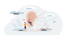 Active Listening And Hear Focused What Other Is Saying Tiny Person Concept, Transparent Background. Conversation And Communication Skill To Pay Full Attention For Speech And Message Illustration.
