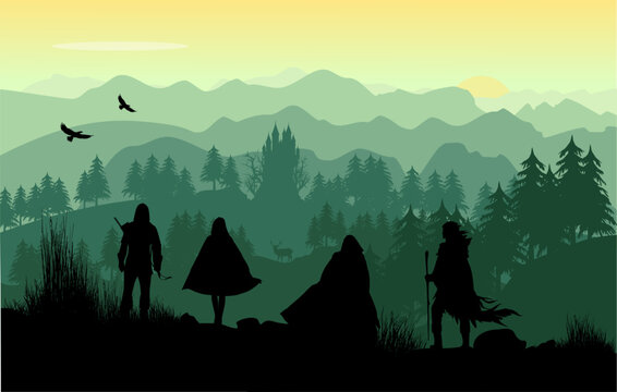silhouette mit landschaft: gruppe von vier mittelalterlichen fantasy figuren