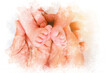 Watercolor baby feet in mother and father hands. Happy family concept. Beautiful conceptual image of parenthood