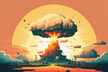 Wall Mural - Explosion of a nuclear weapon, mushroom cloud above a nuclear power station,. Generative AI