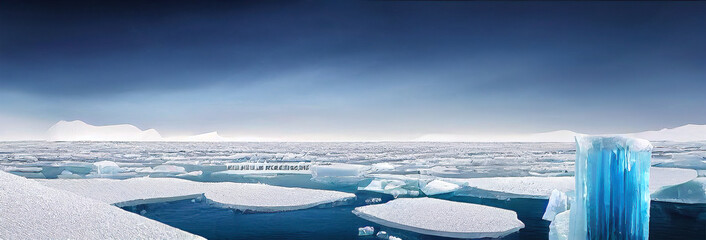 A panoramic view of arctic icebergs floating in Antarctica, they melt due to climate change and pollution. 3D illustration and digital painting.