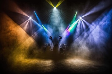 Wall Mural - Scene theatrical concert with stage lighting featuring colored spotlights and fog. Generative AI