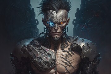 Poster - illustration of a cyborg with a mechanical skull that has cracked and is covered with patches of tra