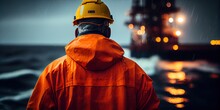 Industrial Worker In Orange Overall And Helmet Watches The Work Of An Oil Rig. View From The Back, Oil Rig In Background, Night, Rain, Stormy Weather. Generative AI