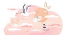 Pregnancy As Newborn Baby Expectation And Stork Delivery Tiny Person Concept, Transparent Background. Woman Labor Symbolic Scene With New Loving Mother And Child Illustration.