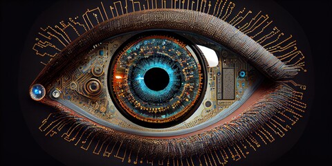 Wall Mural - Eye of artificial intelligence, eye of a robot. Tracking camera in the form of an eye. Futuristic future concept. Generative AI