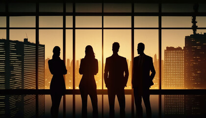 A silhouette of a business team standing at an office window