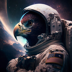 majestic eagle in an astronaut suit against a galactic backdrop symbolizes american space exploratio