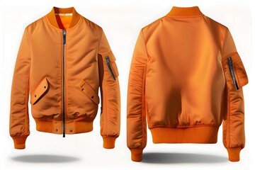 Blank Orange varsity bomber jacket isolated on white background, generative ai