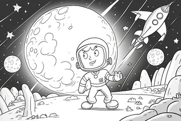 Poster - the moon, planets, and a rocket ship provide a space cartoon coloring page's background scene. gener