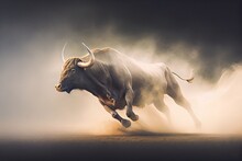 Gorgeous Bull Running Through The Clouds Of Dust, Stunning Illustration Generated By Ai, Is Not Based On Any Original Image, Character Or Person