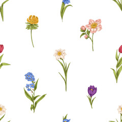 Poster - Seamless floral pattern in retro style. Vintage spring flowers, repeating print. Endless botanical background, texture design for textile, fabric. Hand-drawn realistic floristic vector illustration