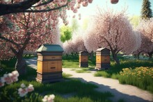 Colorful Bee Hives In The Garden With Blooming Trees At Spring. Generative AI