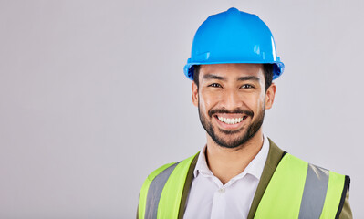 Poster - Portrait, civil engineering or contractor in studio with smile after planning a real estate building construction. Designer, architecture or happy man with vision of renovation in project management