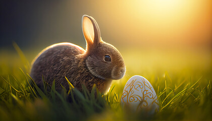 Wall Mural - Happy Easter Day Concept. Rabbit bunny and easter egg on green grass garden and sunny spring, template banner for website, AI Generative