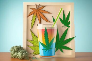 Poster - an abstract colorful wall serves as a backdrop for a glass of cannabis smoothie and some cannabis le