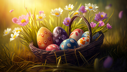 Wall Mural - Happy Easter Day Concept. Easter eggs in basket on green grass garden and sunny spring, template banner for website, AI Generative