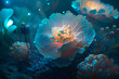 Light effects under the spectrum of beautiful light baby blue peony flowers. Generative AI
