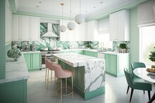 A Contemporary Kitchen With A Pastel Color Scheme, A Green Marble Backsplash, And Stainless Steel Appliances. Neutral Colors In The Kitchen, Including The Island And The Chandelier. Generative AI