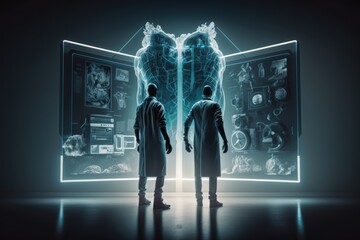 Poster - Two men standing in front of a large display of medical images in a dark room biopunk a hologram holography