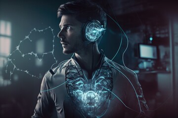Poster - A man wearing headphones and a glowing brain in his chest is shown in a futuristic image biopunk cyberpunk art panfuturism