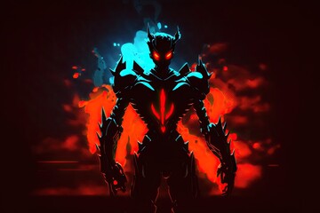 Poster - picture of a scary cyberpunk monster with glowing red eyes next to a nighttime background. a mutant 