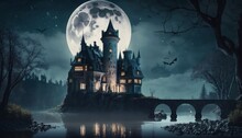 Halloween Castle At Night With Full Moon, Generative AI