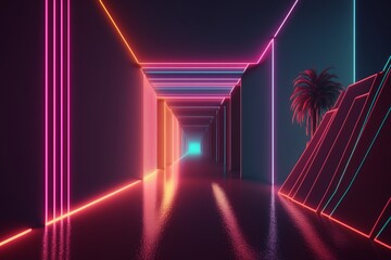 Poster - Generative AI. Futuristic corridor with neon lights. Sci-fi background.
