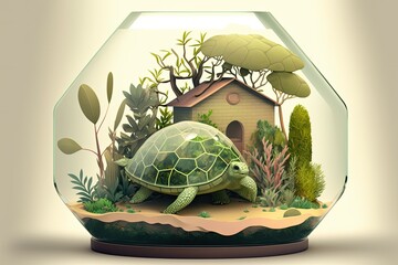 Canvas Print - The terrarium contained a little land turtle. An animal kept in the house. Generative AI