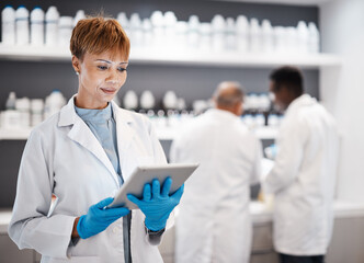 Medical science, tablet and doctor woman in laboratory for research, results or data analysis. Mature scientist person with technology mobile app for internet, innovation and development for future