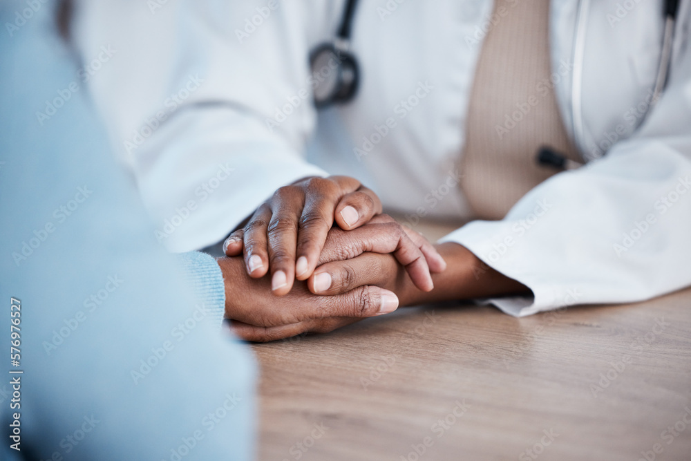 Holding hands closeup, doctor and patient consultation for healthcare ...